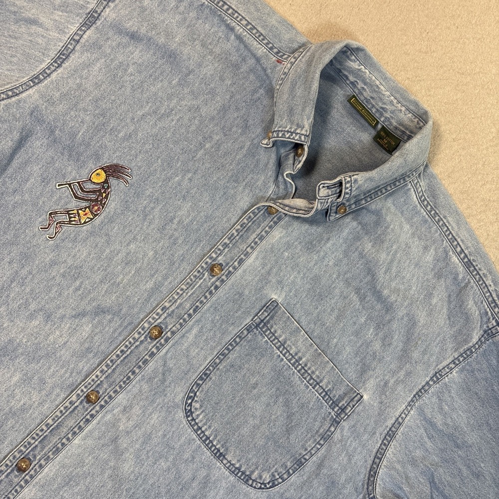 VTG Cross Country Denim Button-Down Shirt with Embroidered Aztec Med 3/4 Sleeve